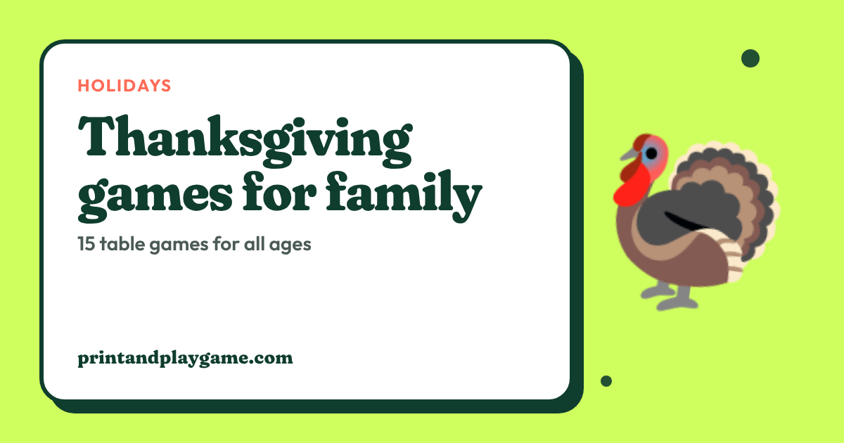 Cover card reading Thanksgiving games for family next to a cartoon turkey