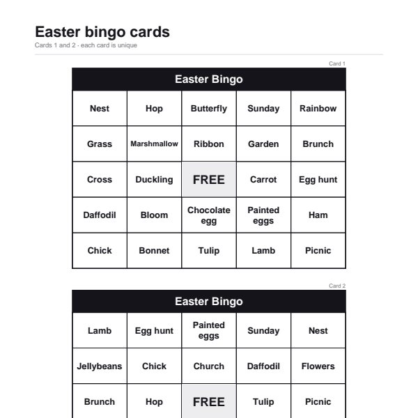 Easter bingo cards preview