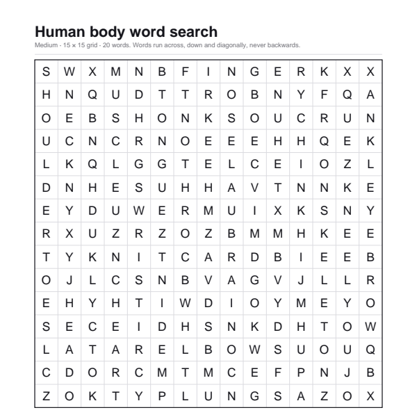 Human body word search preview