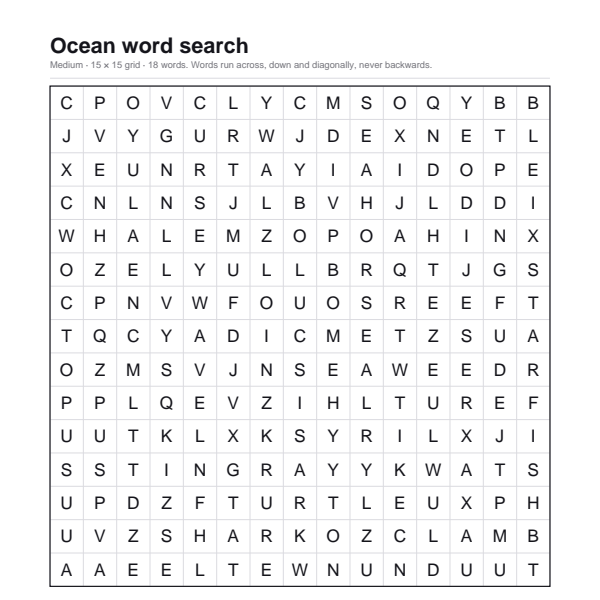 Ocean word search preview