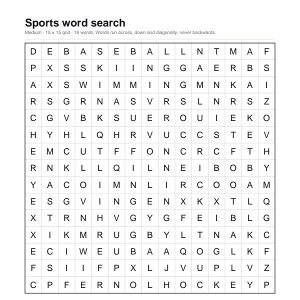 Sports word search preview