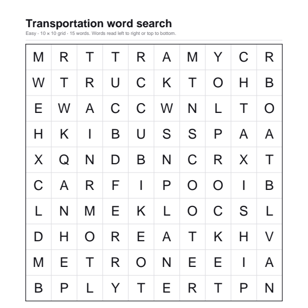 Transportation word search preview